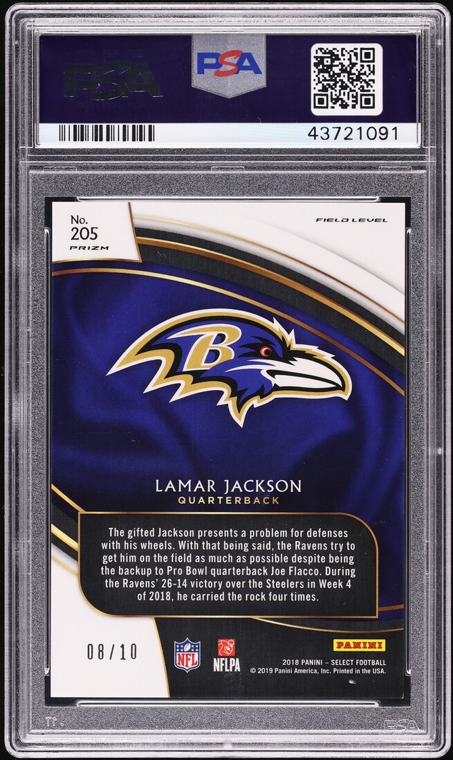 2018 Select Field Level Gold Prizm Lamar Jackson ROOKIE Jersey # 8/10 #205 PSA 9 MINT - Photo 2