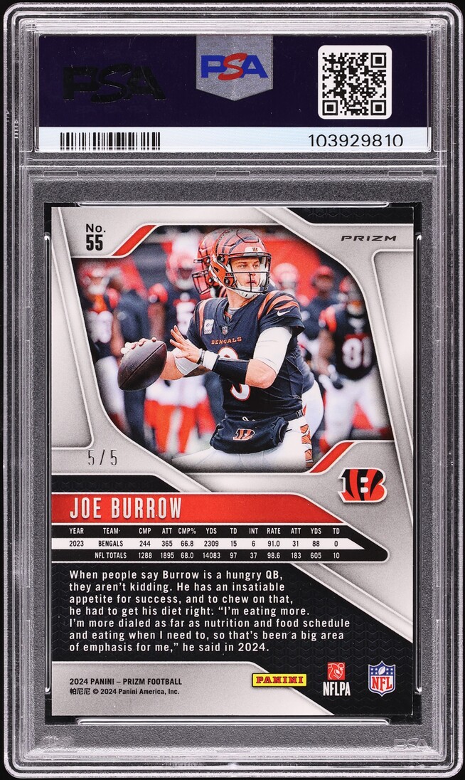 2024 Panini Prizm Gold Vinyl Joe Burrow 5/5 #55 PSA 9 MINT - Photo 2