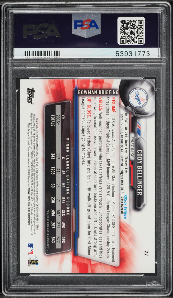 2017 Bowman Chrome Cody Bellinger ROOKIE #27 PSA 10 GEM MINT