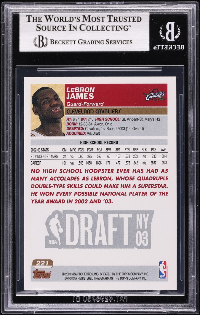 2003 Topps Basketball LeBron James ROOKIE #221 BGS 6.5 EXMT+