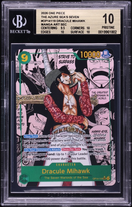 2026 One Piece The Azure Sea's Seven Manga Art Dracule Mihawk #OP14-119 BGS 10 PRISTINE