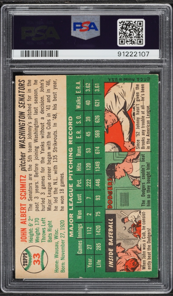 1954 Topps Johnny Schmitz #33 PSA 6.5 EXMT+