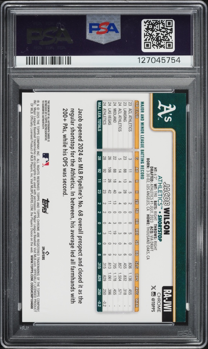 2025 Topps Chrome Aqua Wave Jacob Wilson ROOKIE AUTO /199 #RA-JWI PSA 10 GEM MINT