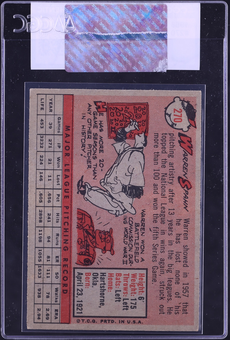 1958 Topps Warren Spahn #270 CGC AUTH