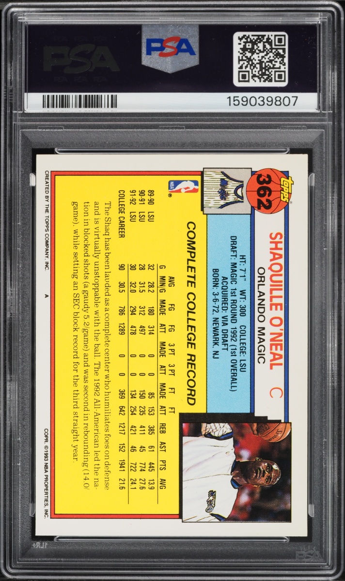 1992 Topps Basketball Shaquille O'Neal ROOKIE #362 PSA 7 NRMT