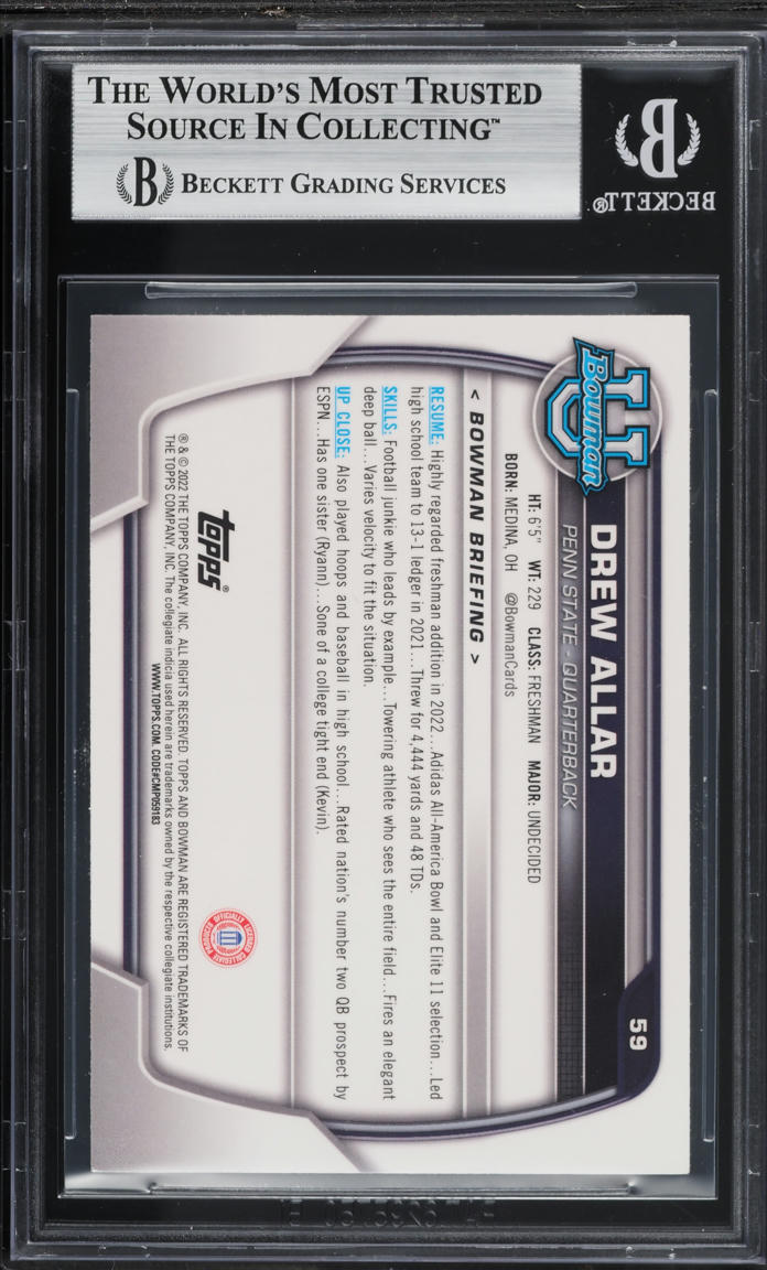 2022 Bowman Chrome University Pink Refractor Drew Allar ROOKIE #59 BGS 9 MINT