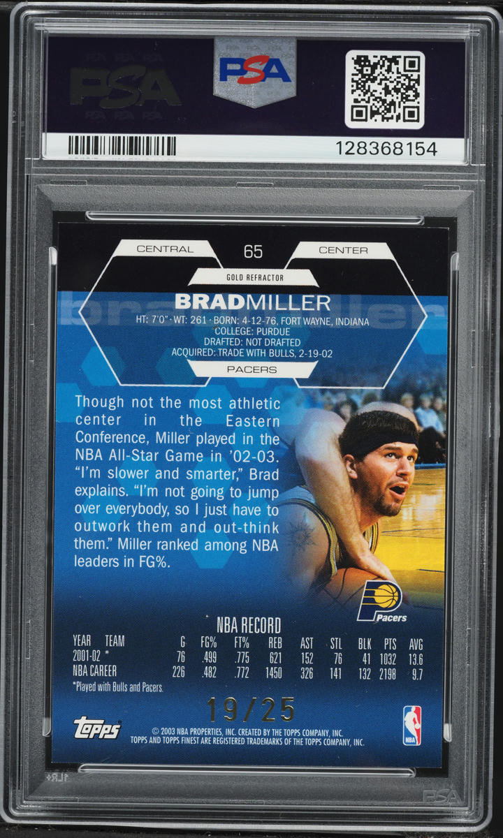 2002 Finest Gold Refractor Brad Miller /25 #65 PSA 9 MINT