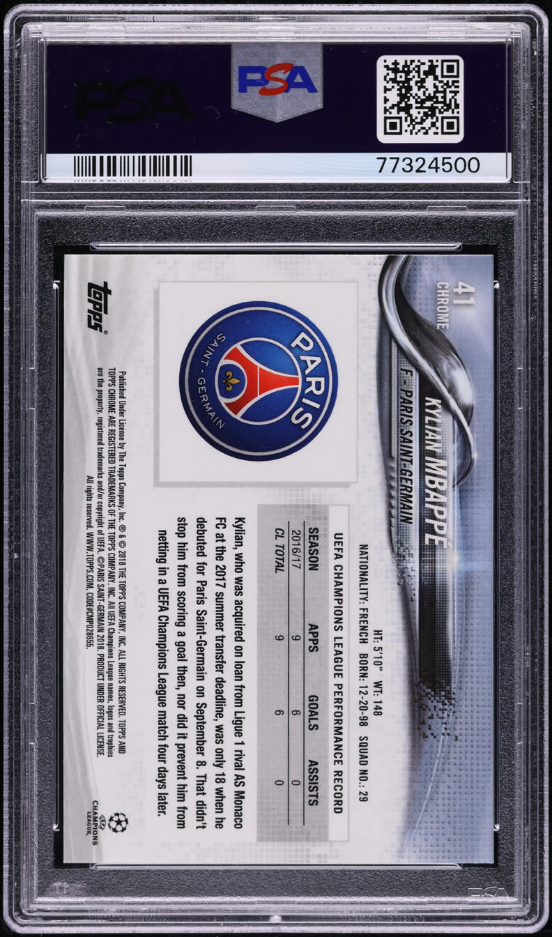 2017 Topps Chrome UEFA Kylian Mbappe ROOKIE #41 PSA 10 GEM MINT