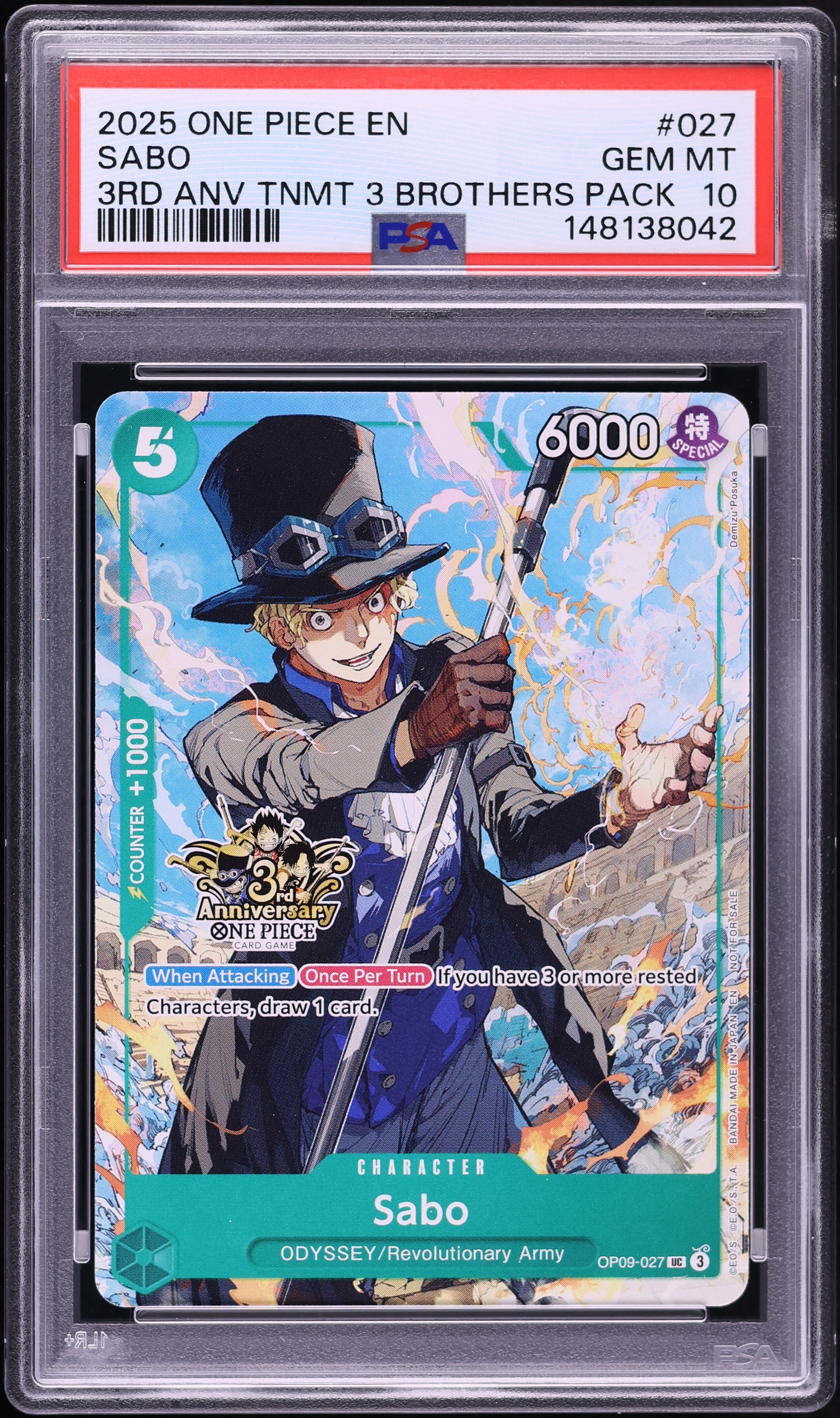 2025 One Piece Tournament Promo 3rd Anniversary 3 Brothers Pack Sabo #OP09-027 PSA 10 GEM MINT