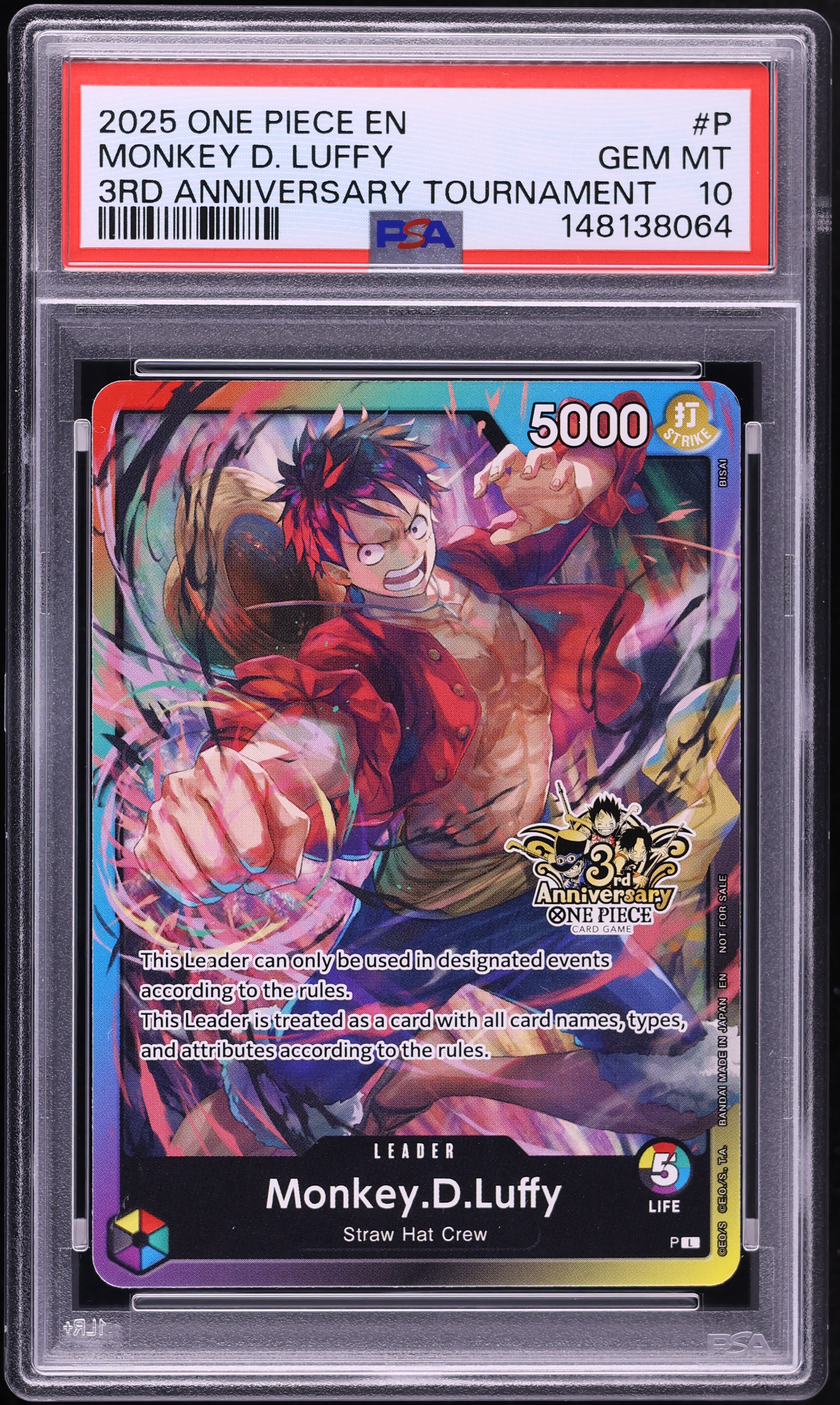 2025 One Piece Tournament Promo 3rd Anniversary Leader Monkey D. Luffy #P PSA 10 GEM MINT