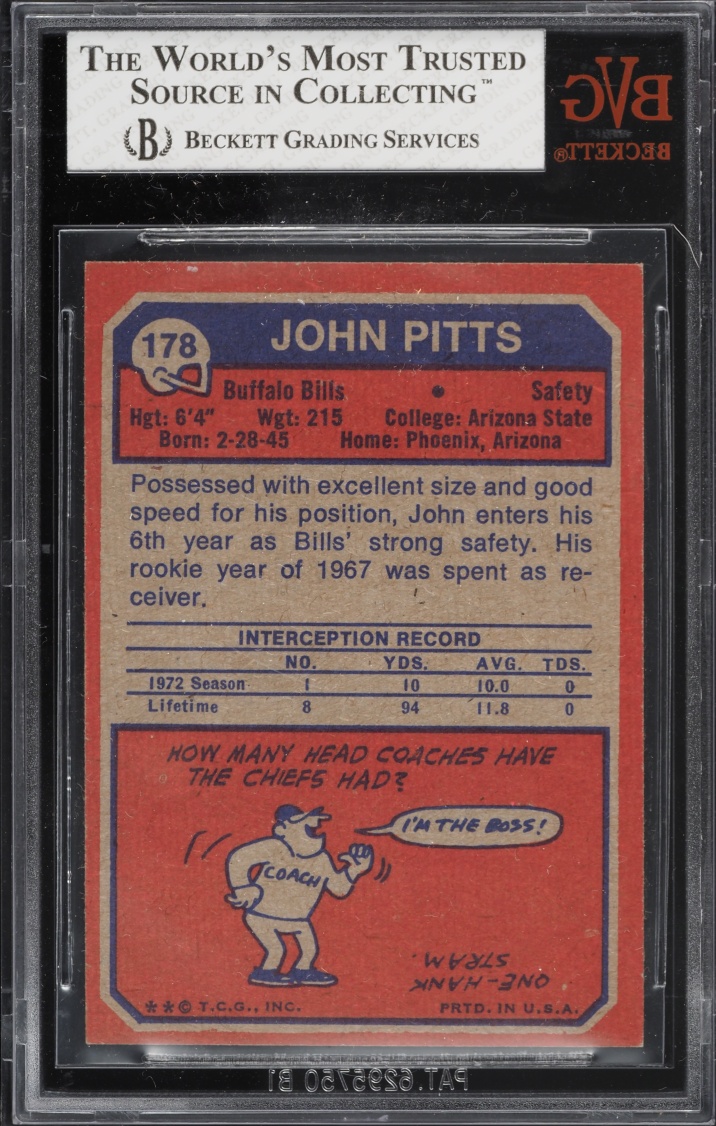 1973 Topps Football John Pitts #178 BVG 8 NM-MT