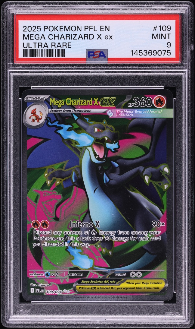 2025 Pokemon Mega Evolution Phantasmal Flames Full Art Mega Charizard X EX #109 PSA 9 MINT