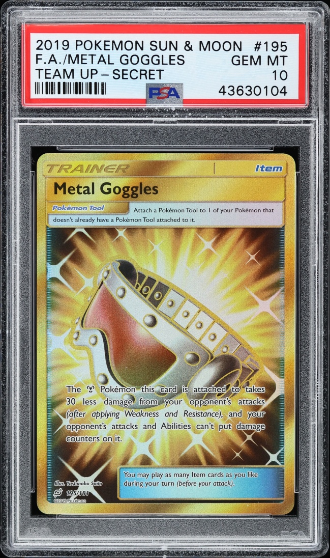 2019 Pokemon Sun & Moon Team Up SEC Metal Goggles #195 PSA 10 GEM MINT