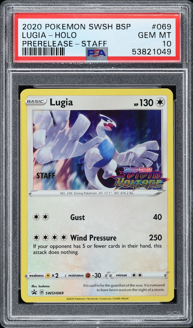 2020 Pokemon Sword & Shield Vivid Voltage Prerelease Staff Holo Lugia #69 PSA 10 GEM MINT
