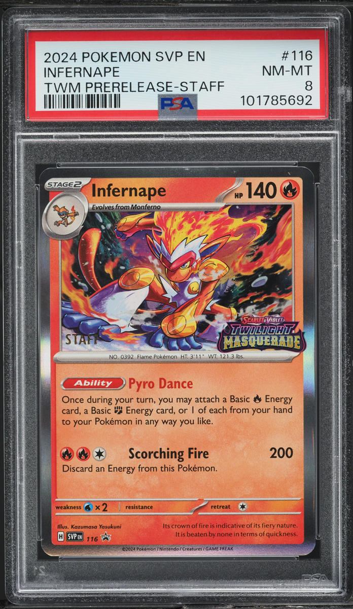 2024 Pokemon SV Black Star Promo Twilight Masquerade Prerelease Staff Infernape #116 PSA 8