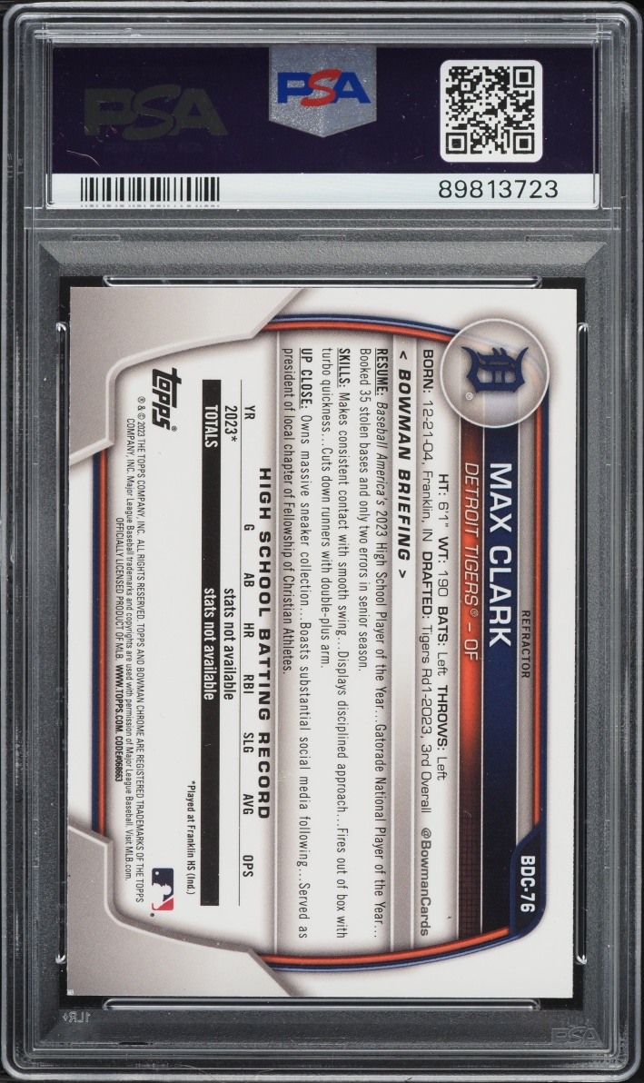 2023 Bowman Chrome Draft Refractor Max Clark PROSPECT #BDC-76 PSA 10 GEM MINT