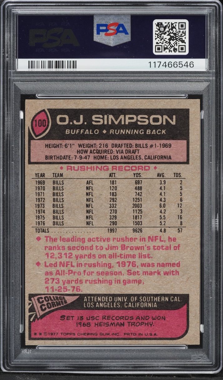 1977 Topps All Pro O.J. Simpson #100 PSA 7 NRMT