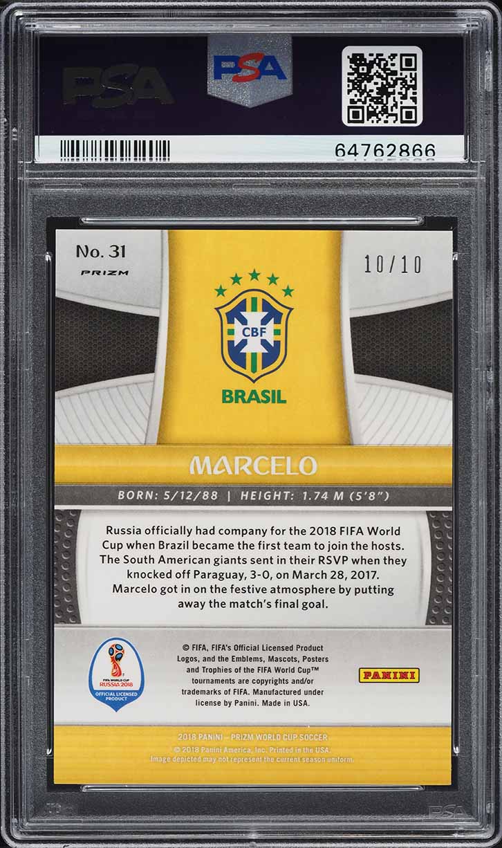 2018 Panini Prizm World Cup Gold Marcelo 10/10 #31 PSA 8 NM-MT