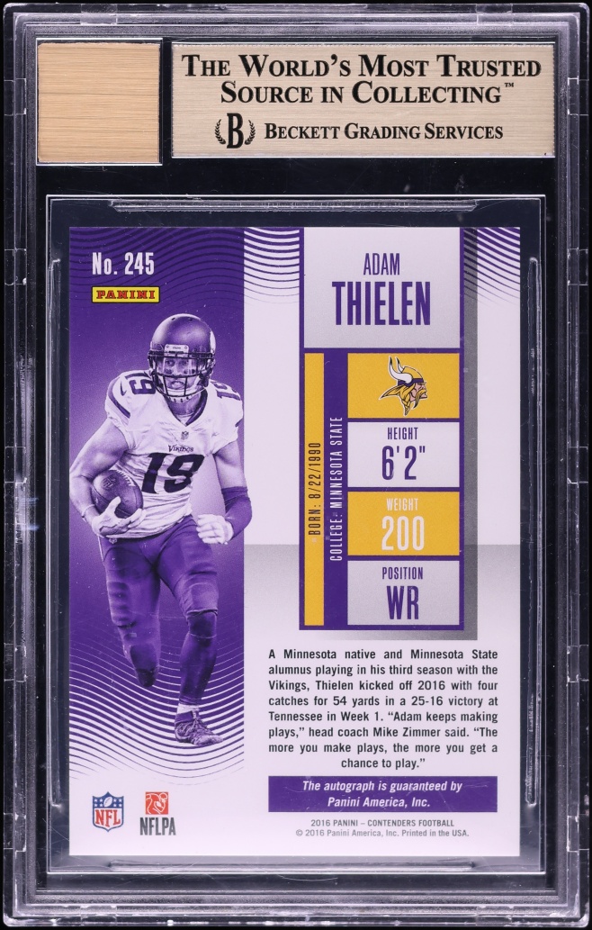 2016 Panini Contenders Cracked Ice Adam Thielen ROOKIE AUTO /24 #245 BGS 10 PRISTINE