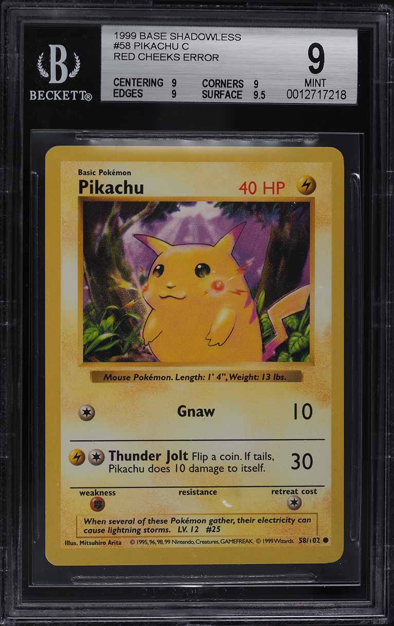 1999 Pokemon Base Set Shadowless Red Cheeks Pikachu #58 BGS 9 MINT