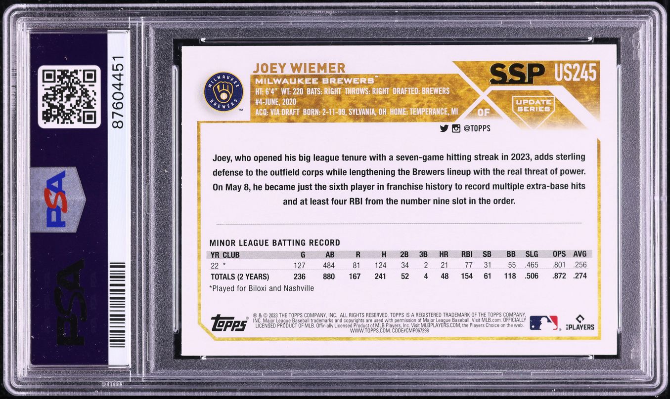 2023 Topps Update Joey Wiemer SSP ROOKIE #US245 PSA 9 MINT