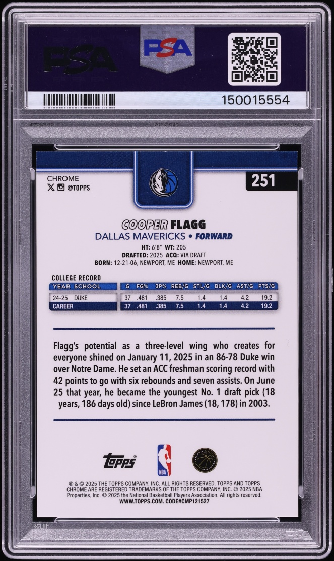 2025 Topps Chrome Sapphire Edition Gold Cooper Flagg ROOKIE /50 #251 PSA 9 MINT