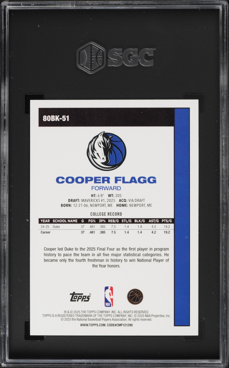 2025 Topps '80 Cooper Flagg ROOKIE #80BK-51 SGC 9.5 MINT+