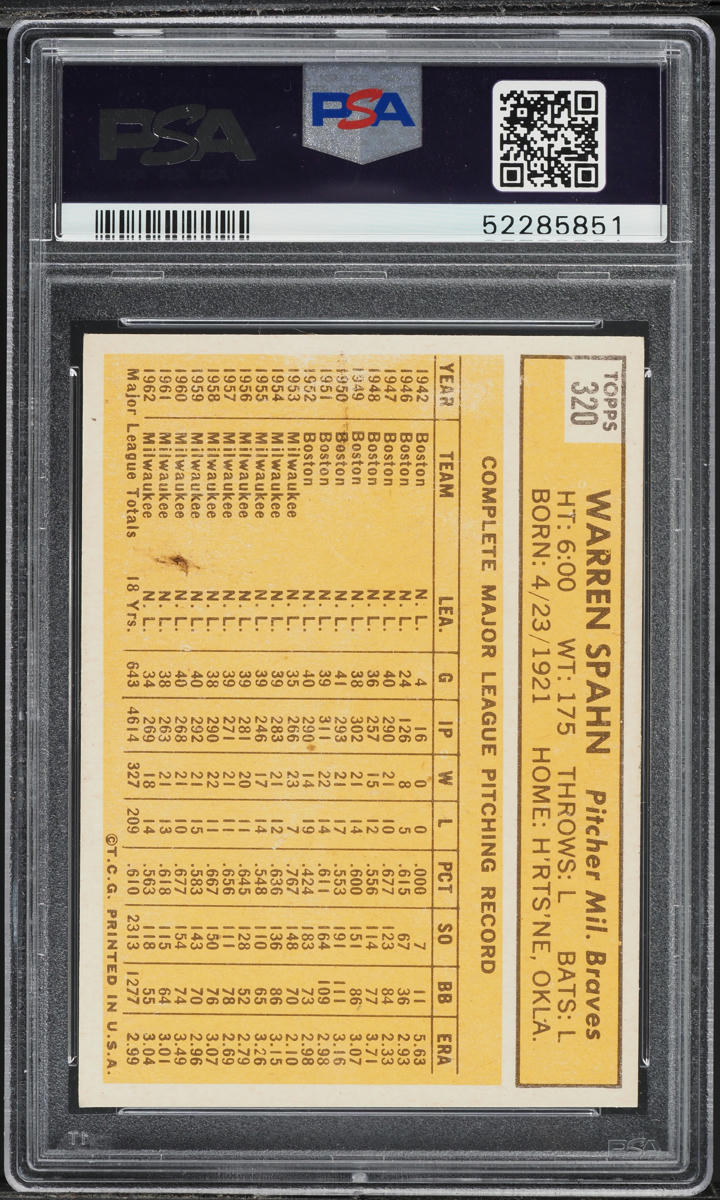 1963 Topps Warren Spahn #320 PSA 6 EXMT