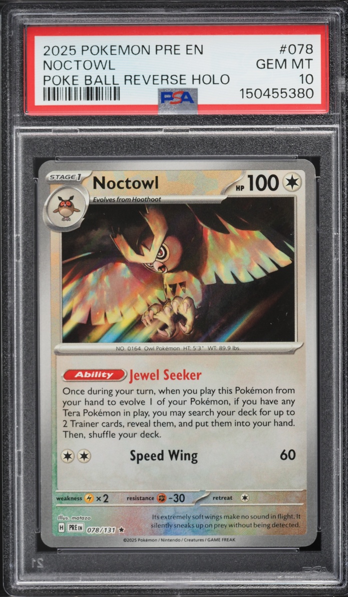 2025 Pokemon Scarlet & Violet Prismatic Evolutions Poke Ball Reverse Holo Noctowl #78 PSA 10