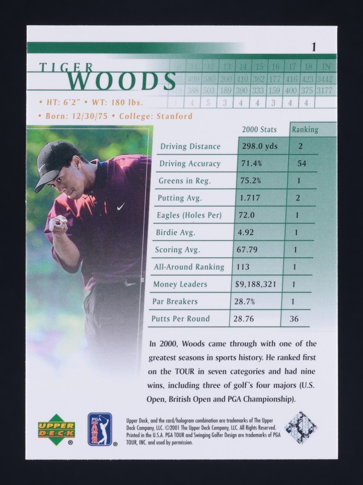 2001 Upper Deck Golf Tiger Woods ROOKIE #1 MBA AUTH
