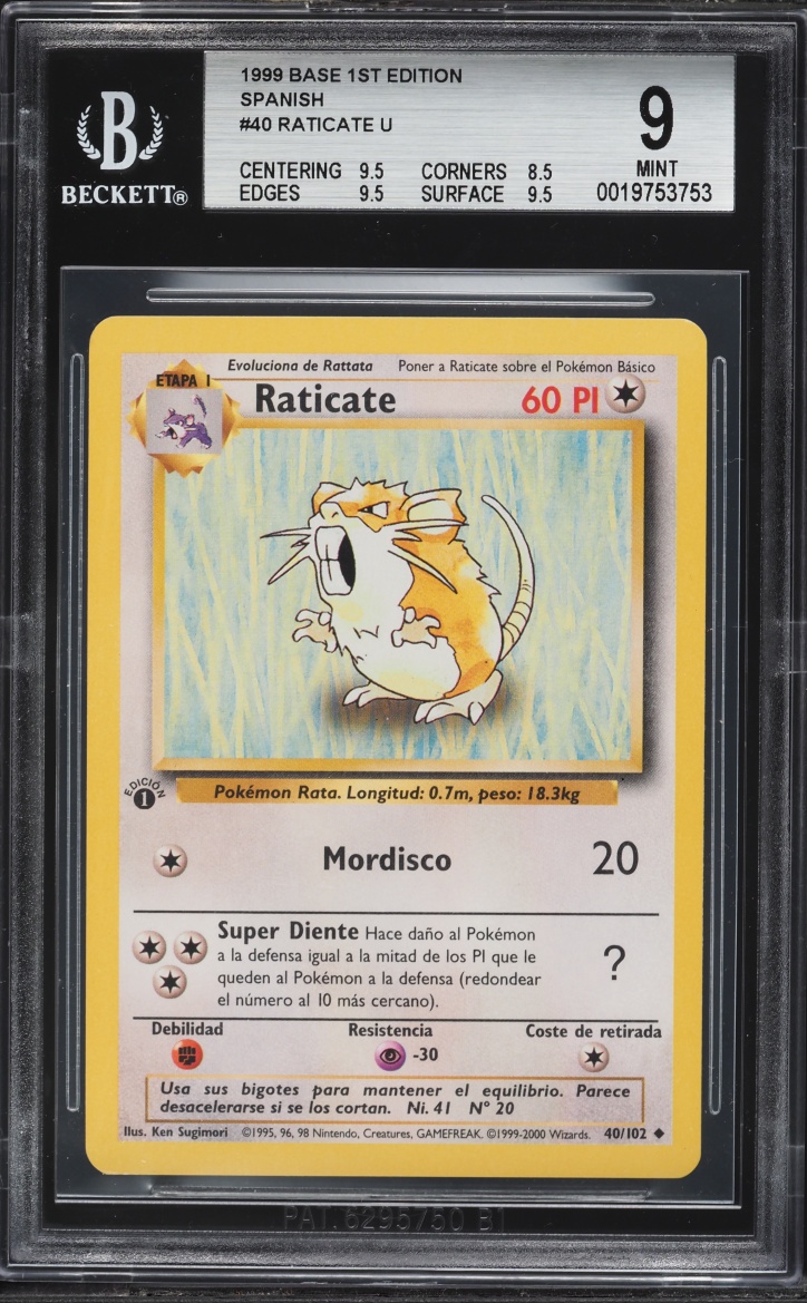 1999 Pokemon Spanish Base Set 1st Edition Raticate #40 BGS 9 MINT