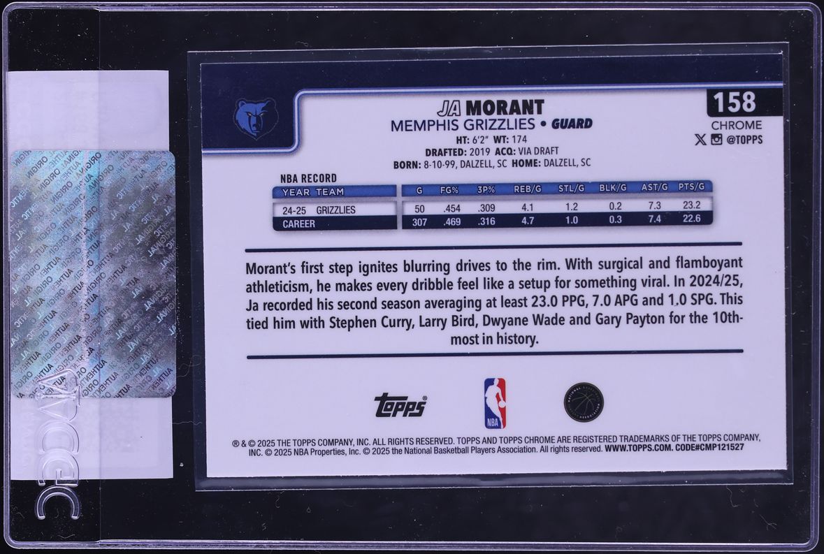 2025 Topps Chrome RayWave Refractor Ja Morant #158 CGC AUTH