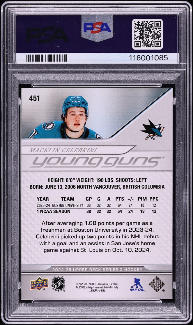 2024 Upper Deck Young Guns Macklin Celebrini ROOKIE #451 PSA 10 GEM MINT