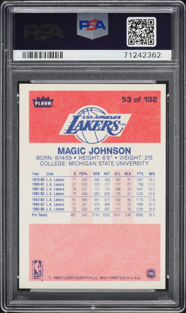 1986 Fleer Basketball Magic Johnson #53 PSA 9 MINT