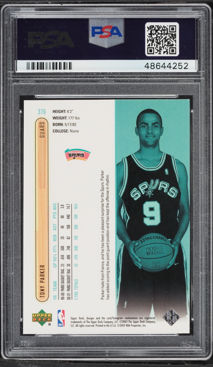 2001 UD Basketball Tony Parker ROOKIE #376 PSA 10 GEM MINT