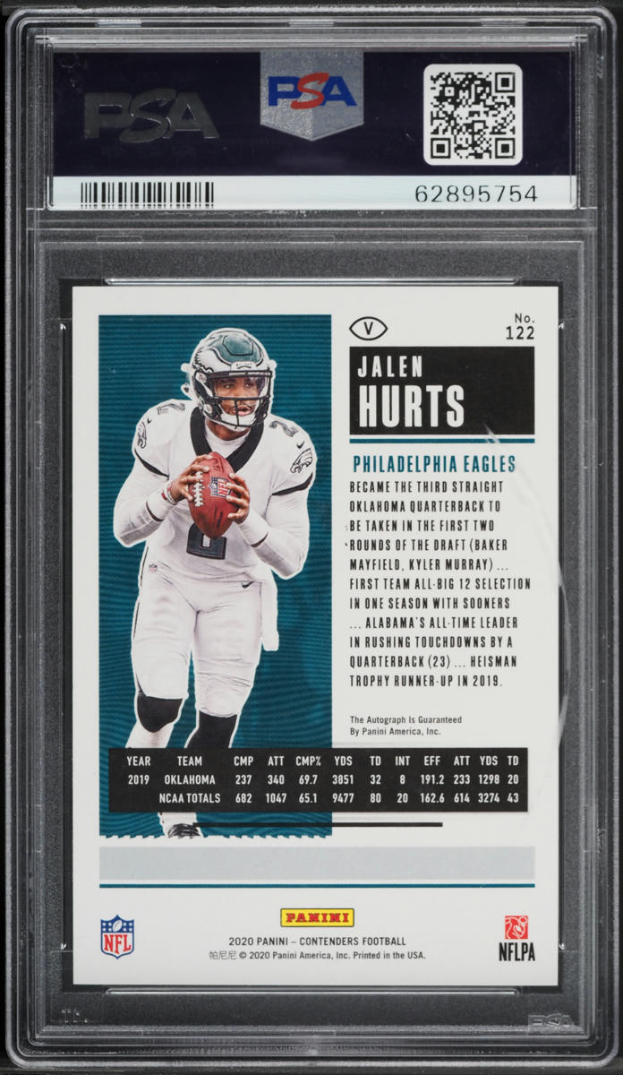2020 Panini Contenders Cracked Ice Jalen Hurts ROOKIE AUTO /22 #122 PSA 10 GEM