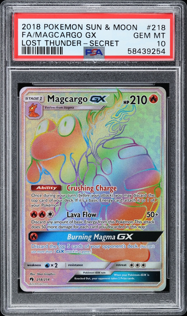2018 Pokemon Sun & Moon Lost Thunder Secret Rainbow Rare Magcargo GX #218 PSA 10 GEM MINT