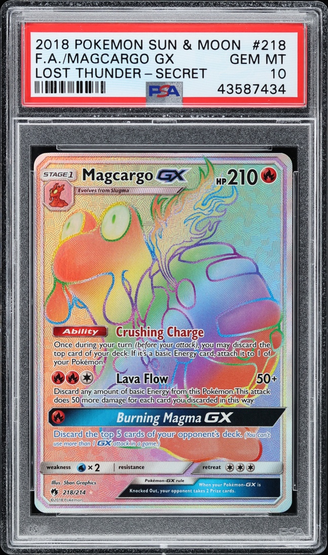 2018 Pokemon Sun & Moon Lost Thunder Secret Rainbow Rare Magcargo GX #218 PSA 10 GEM MINT