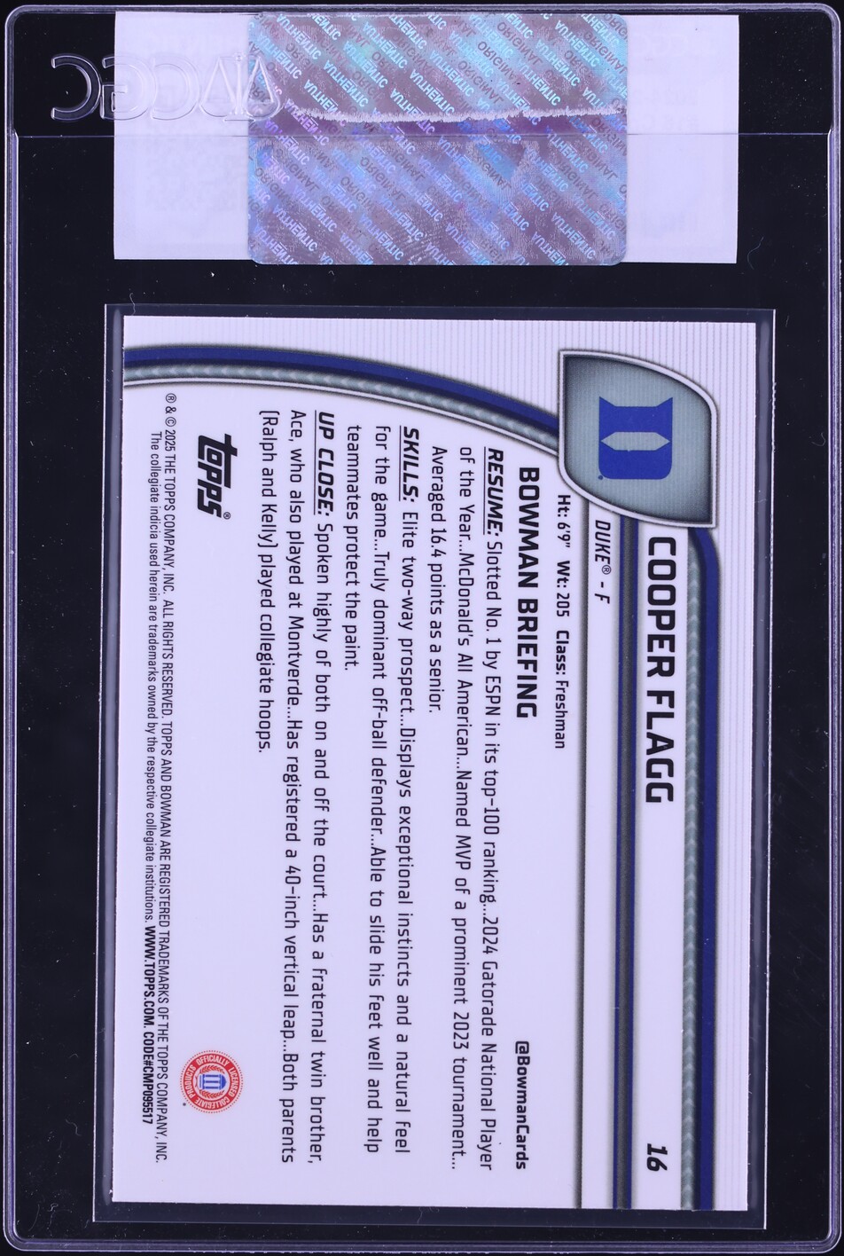 2024 Bowman Chrome University Cooper Flagg ROOKIE #16 CGC AUTH