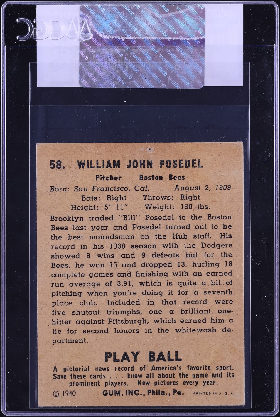 1940 Play Ball Bill Posedel #58 CGC AUTH