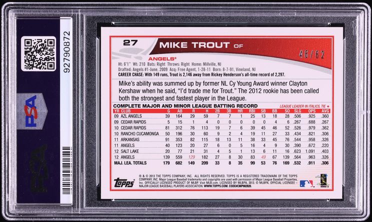 2013 Topps Sliding Black Mike Trout /62 #27 PSA 7 NRMT - Photo 2