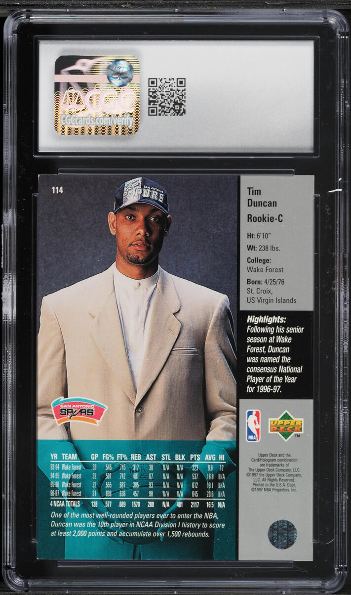1997 Upper Deck Basketball Tim Duncan ROOKIE #114 CGC 7.5 NRMT+