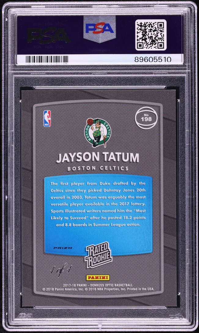 2017 Donruss Optic Gold Vinyl Jayson Tatum ROOKIE 1/1 #198 PSA 9 MINT