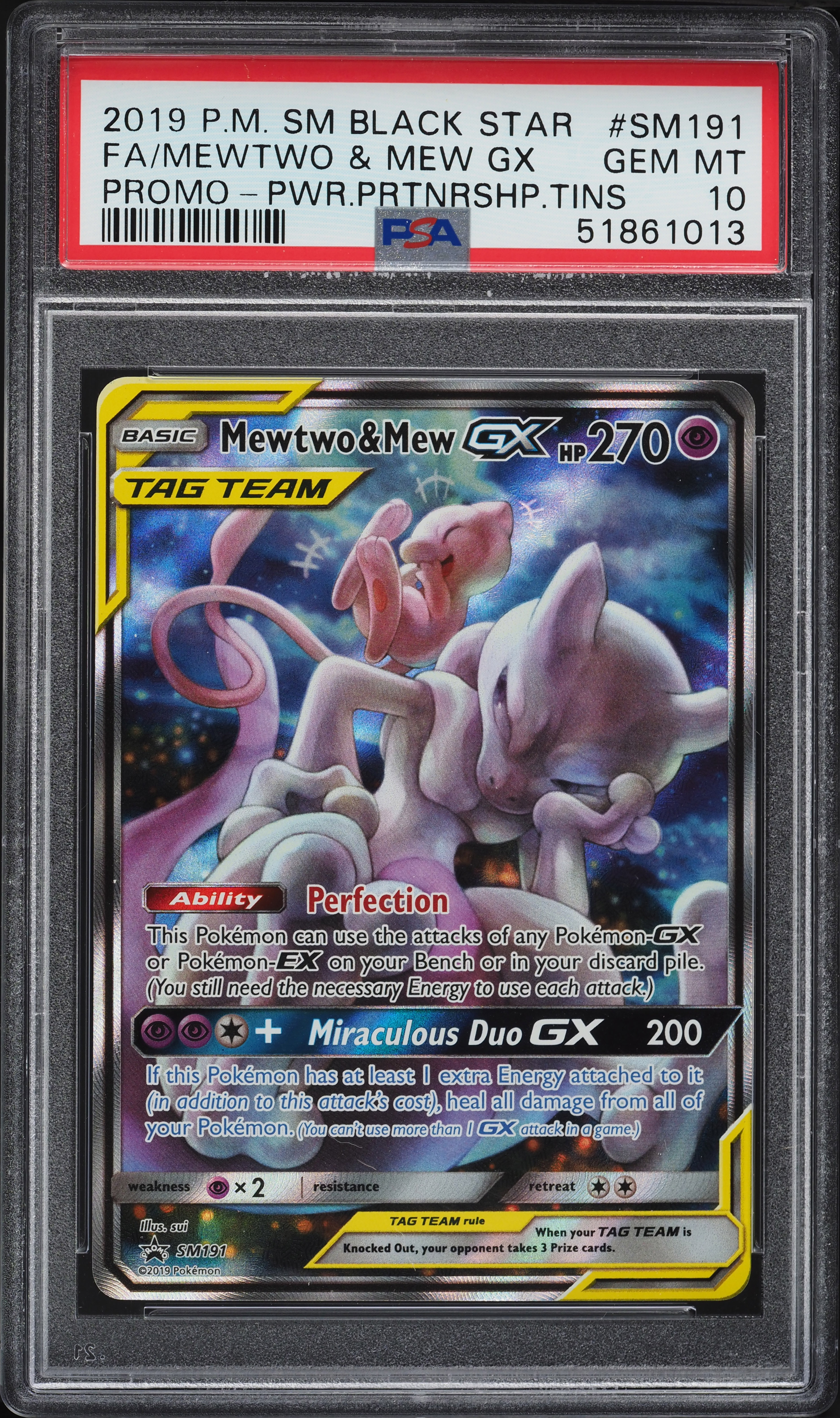 2019 Pokemon Sun & Moon Black Star Promo Full Art Mewtwo & Mew GX #SM191 PSA 10