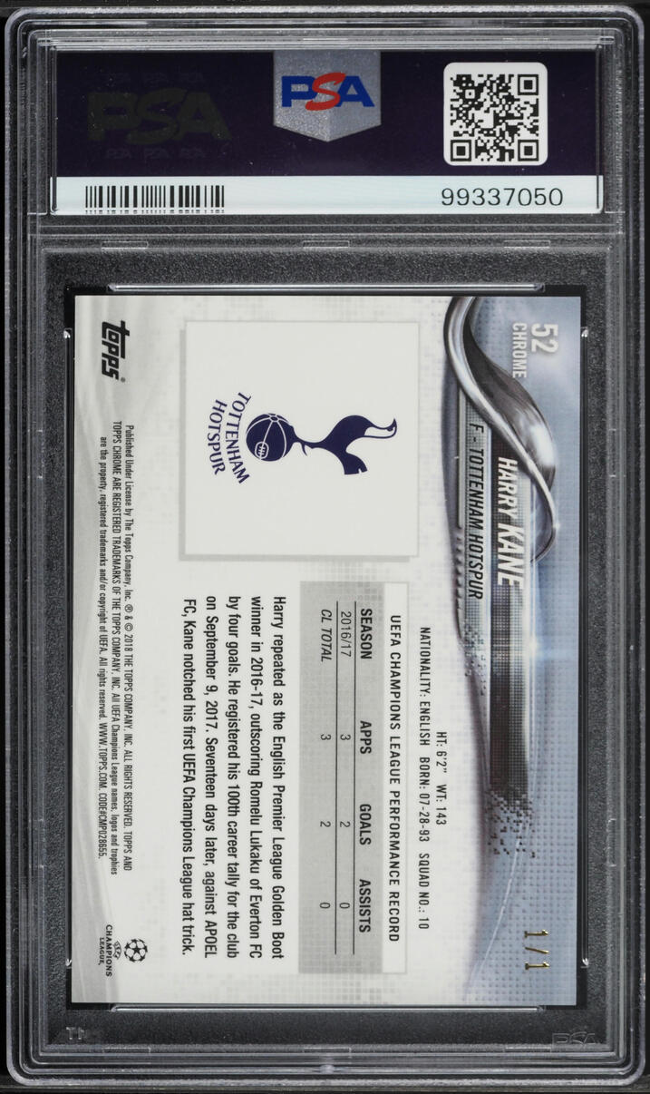2017 Topps Chrome UEFA Champions League Superfractor Harry Kane 1/1 #52 PSA 8