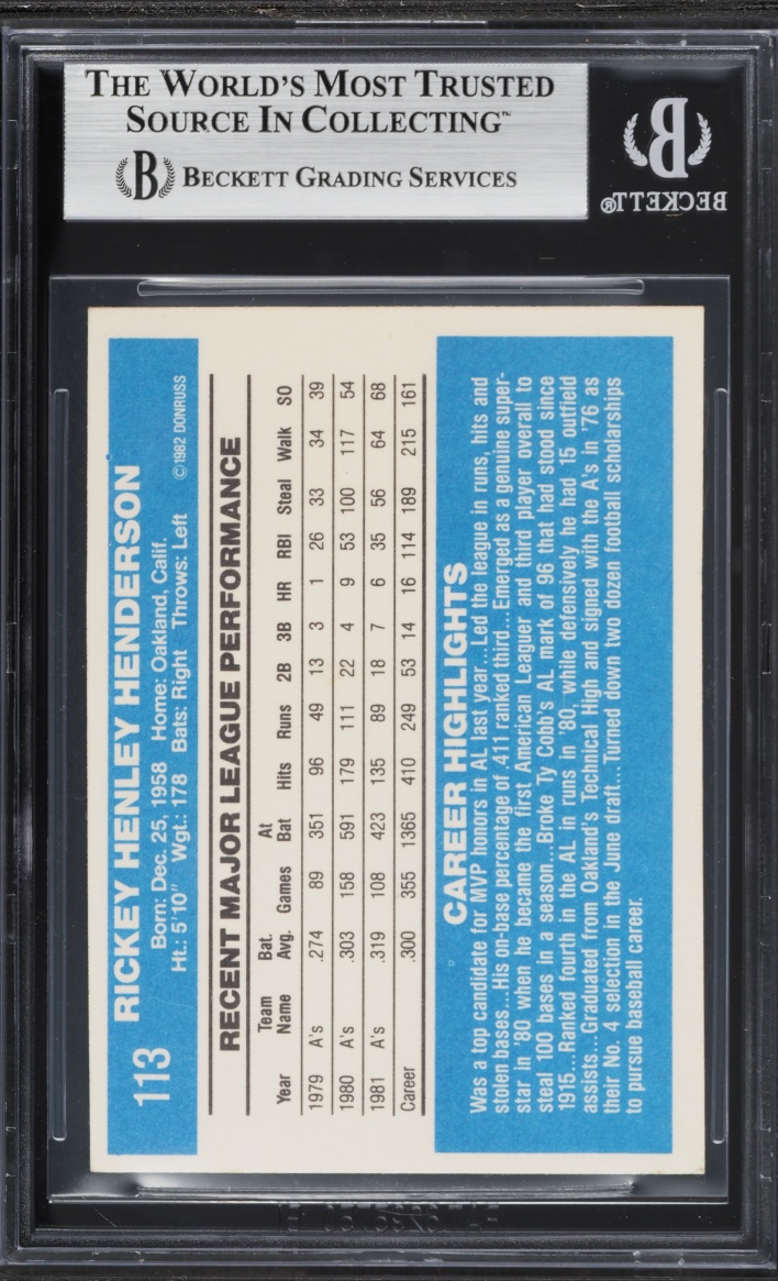 1982 Donruss Rickey Henderson #113 BGS 7 NRMT
