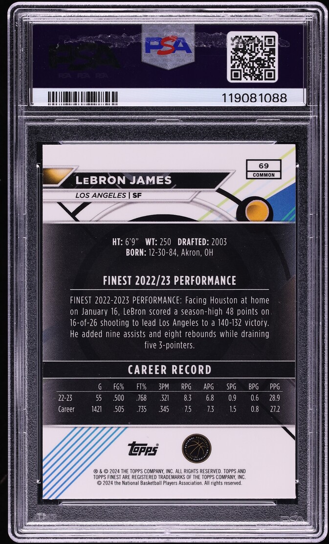 2023 Finest Gold Refractor LeBron James /50 #69 PSA 9 MINT - Photo 2