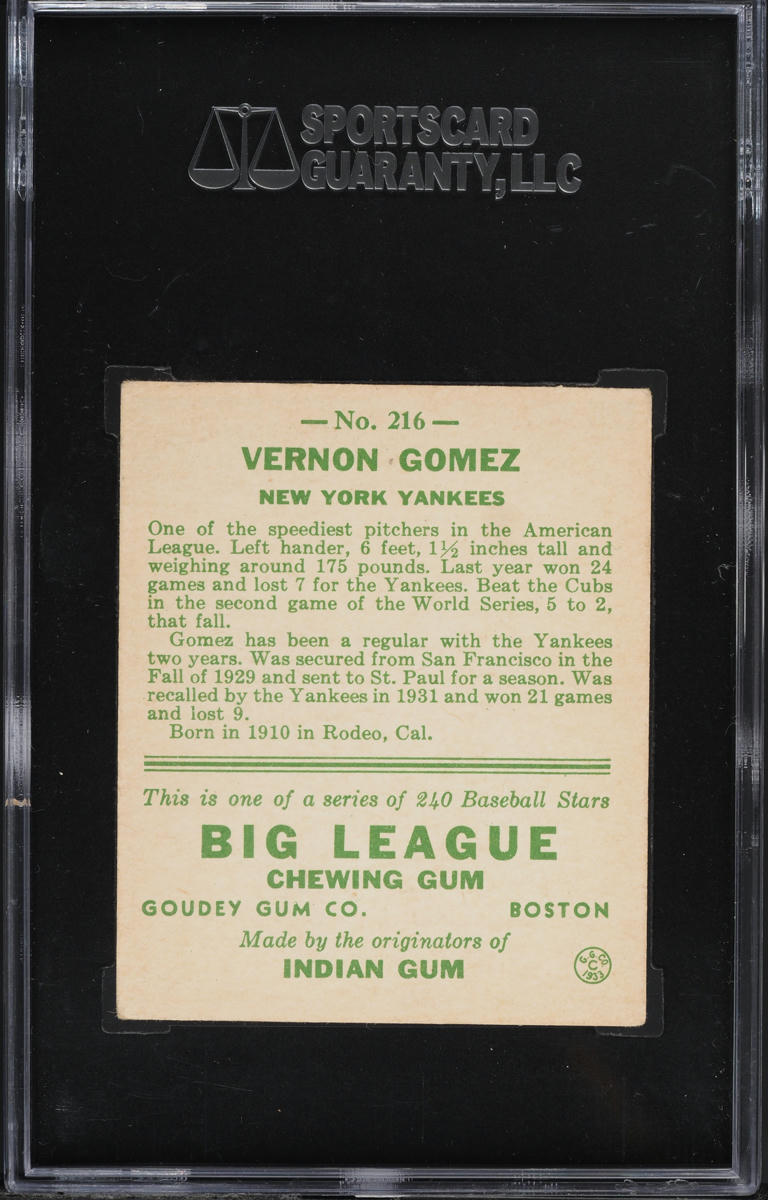 1933 Goudey Vernon Gomez #216 SGC 4.5 VGEX+