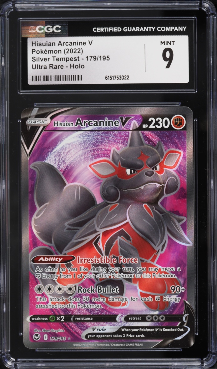 2022 Pokemon Sword & Shield Silver Tempest Full Art Hisuian Arcanine V #179 CGC 9 MINT