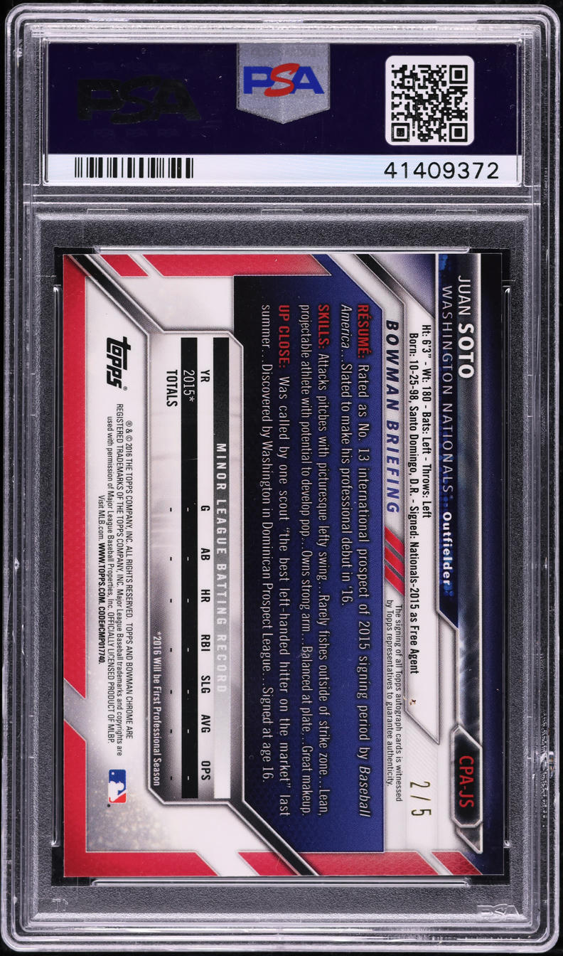 2016 Bowman Chrome Red Refractor Juan Soto PROSPECT AUTO DNA 10 /5 PSA 9 MINT